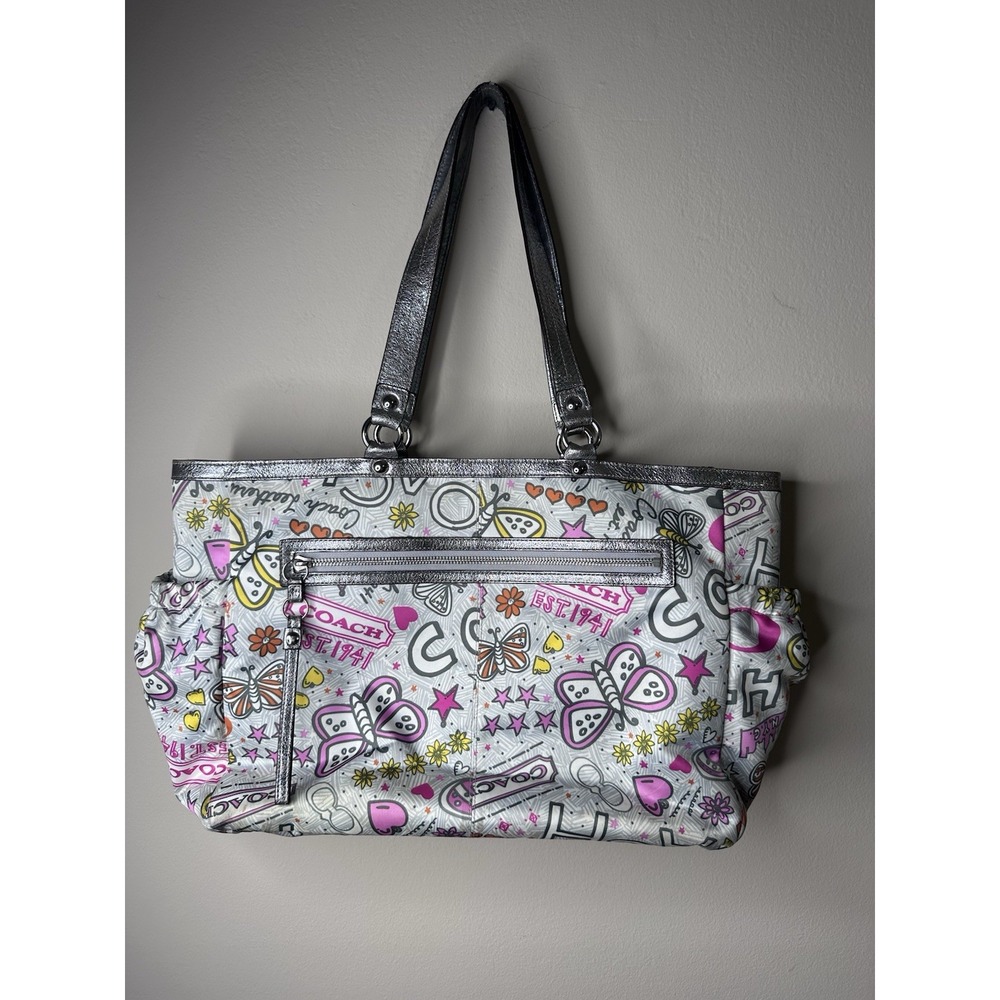 Coach Poppy F16219 Bandana Butterfly Graffiti Diaper Tote Bag Silver Pink